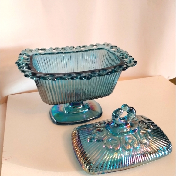 Carnival Indiana Iridescent Blue Glass Candy Dish with Lid - Picture 9 of 12